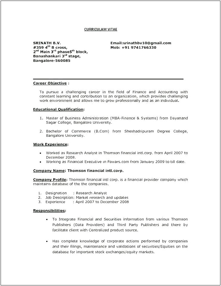 Professional Objective For Resume Finance