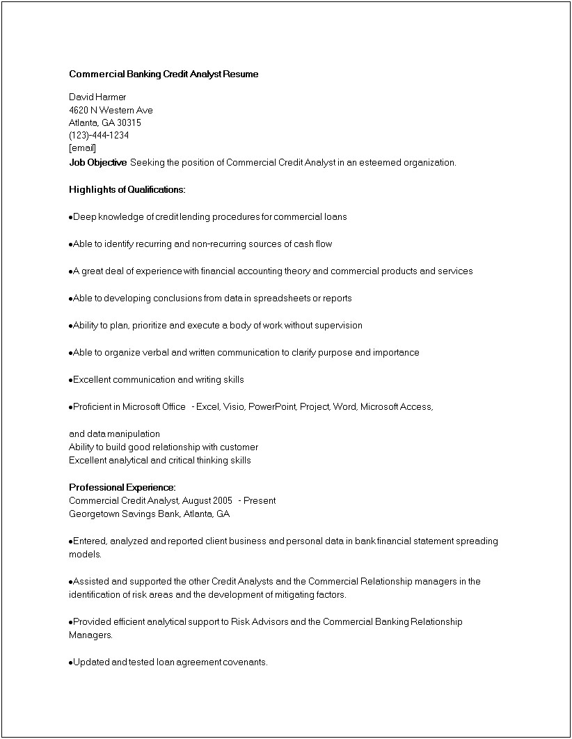 Professional Objective For Resume For Credit Analyst