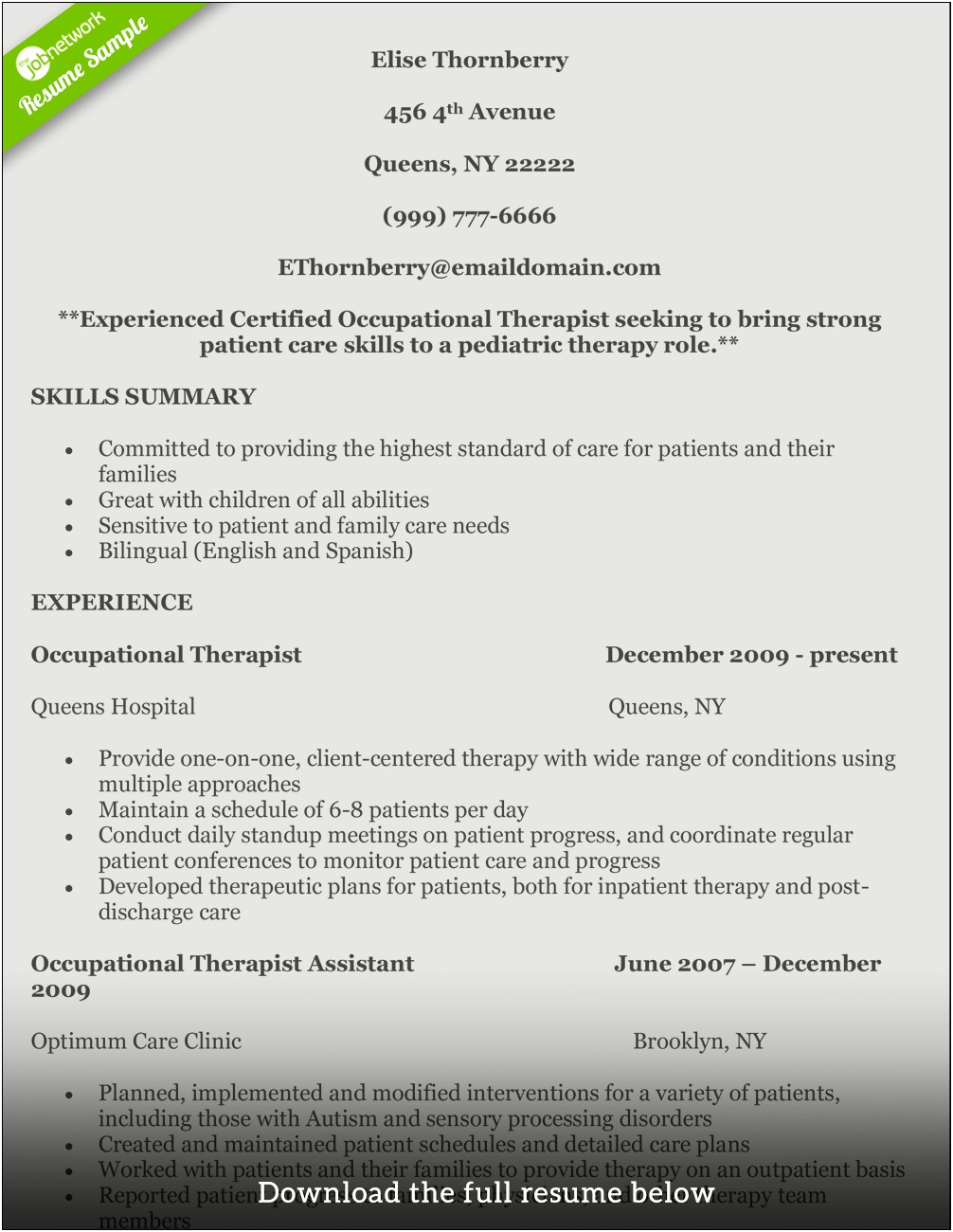 Professional Occupational Therapist Resume Example