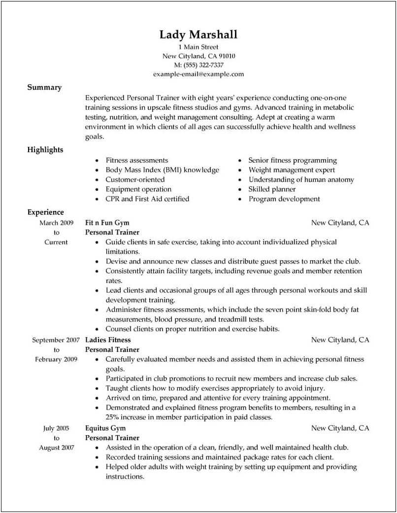 Professional Personal Trainer Resume Sample