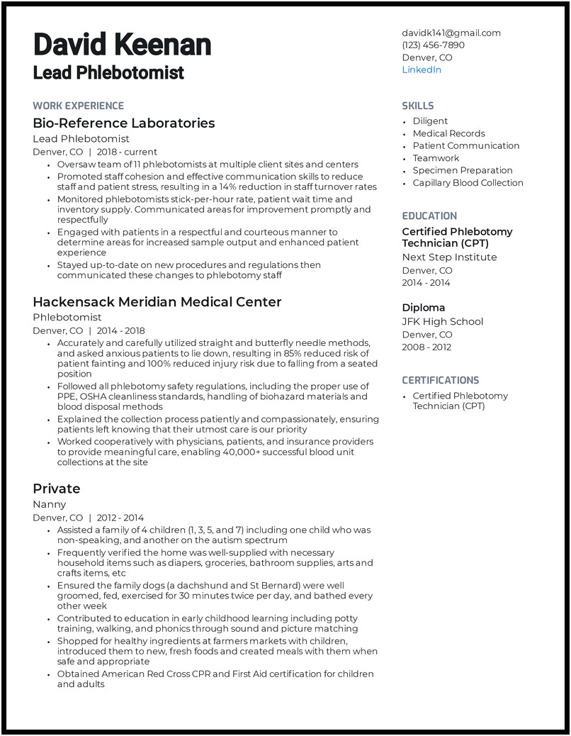 Professional Phlebotomy Resume Objective Examples