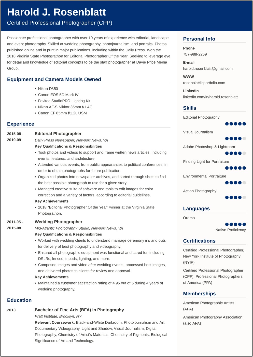 Professional Photographer Objective For Resume