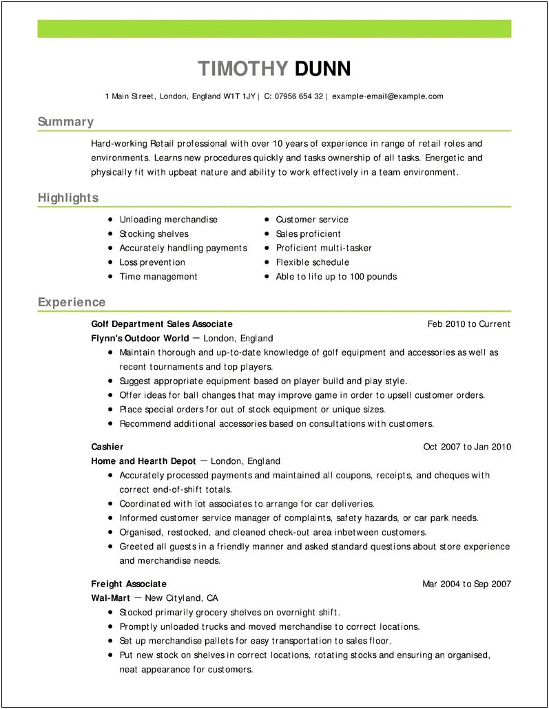 Professional Profile Resume Retail Manager