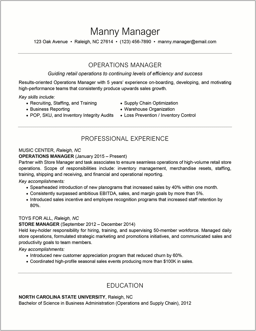 Professional Profile Resume Store Manager