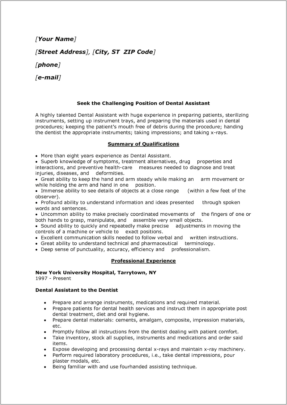 Professional Profile Resume Template Dental Assistant