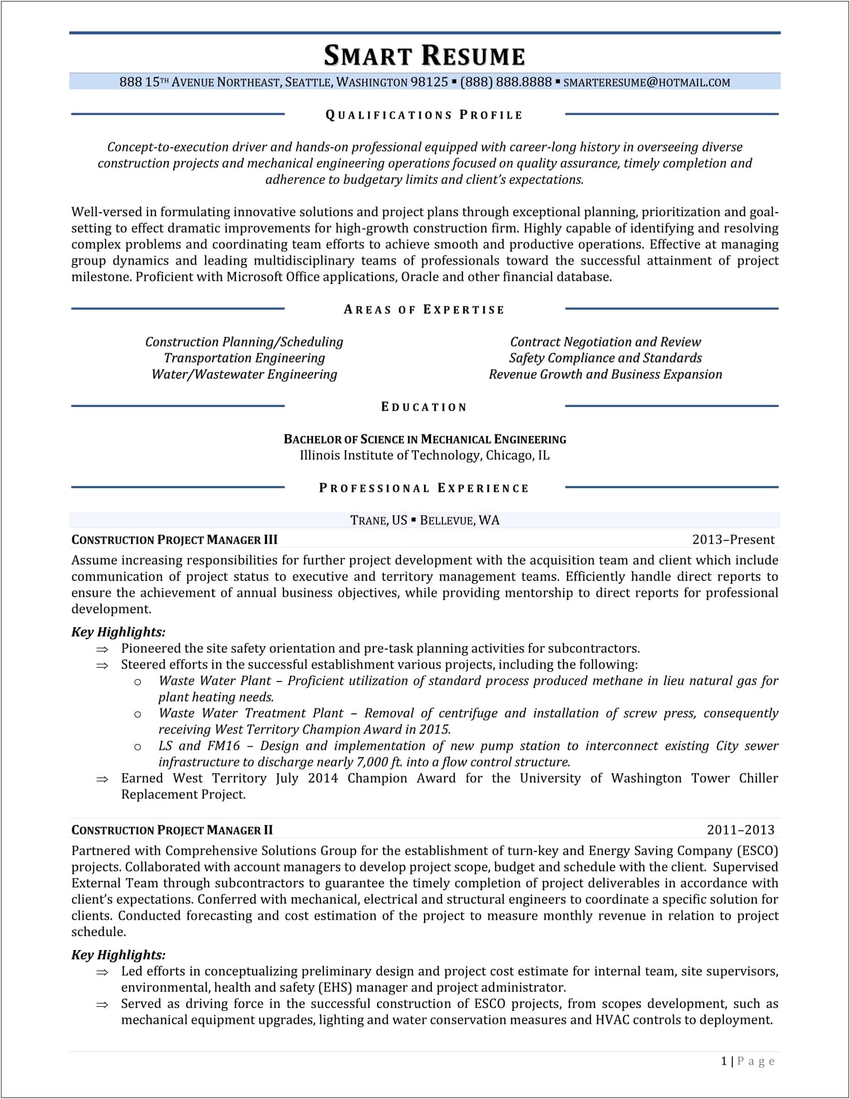 Professional Resume Construction Project Manager