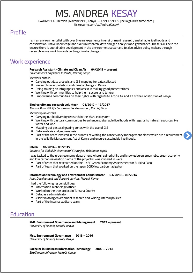 Professional Resume Environmental Science Examples