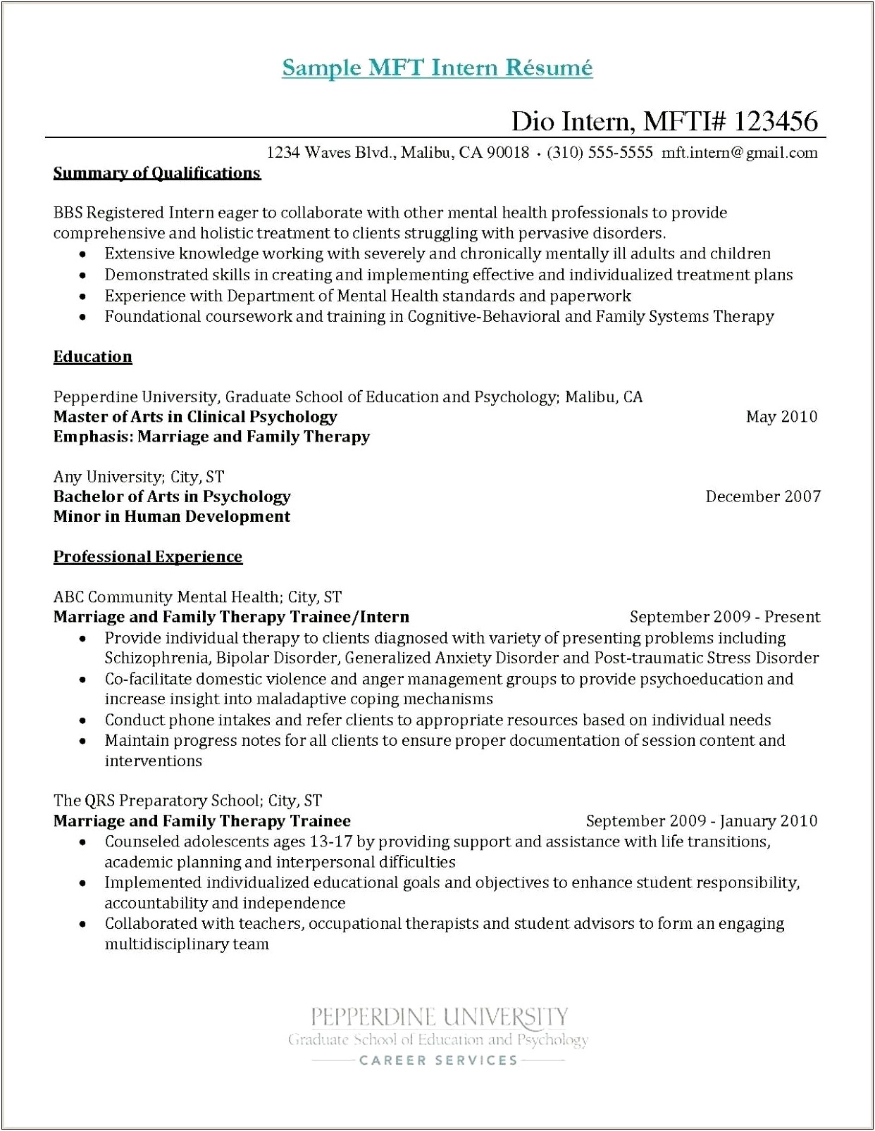Professional Resume For Marriage And Family Therapist Template