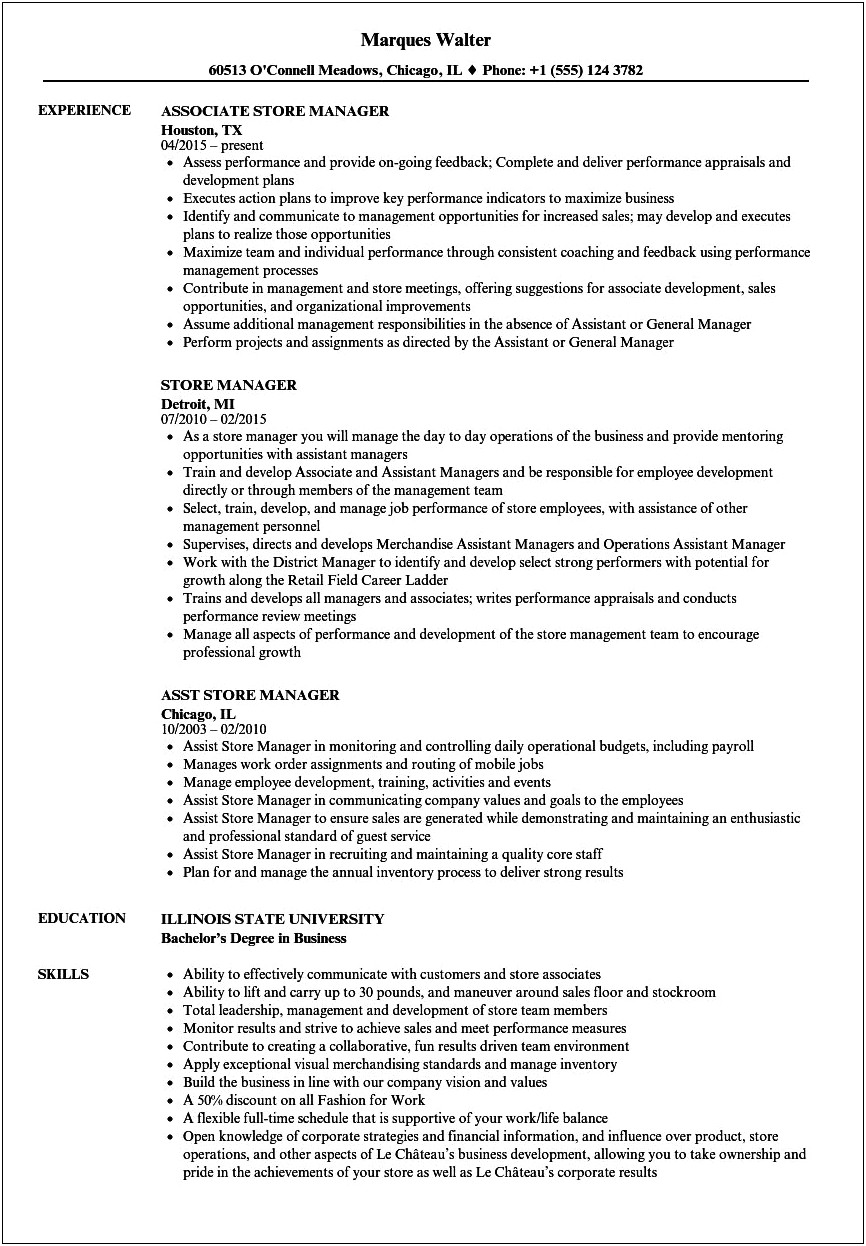 Professional Stire Manager Resume Sample