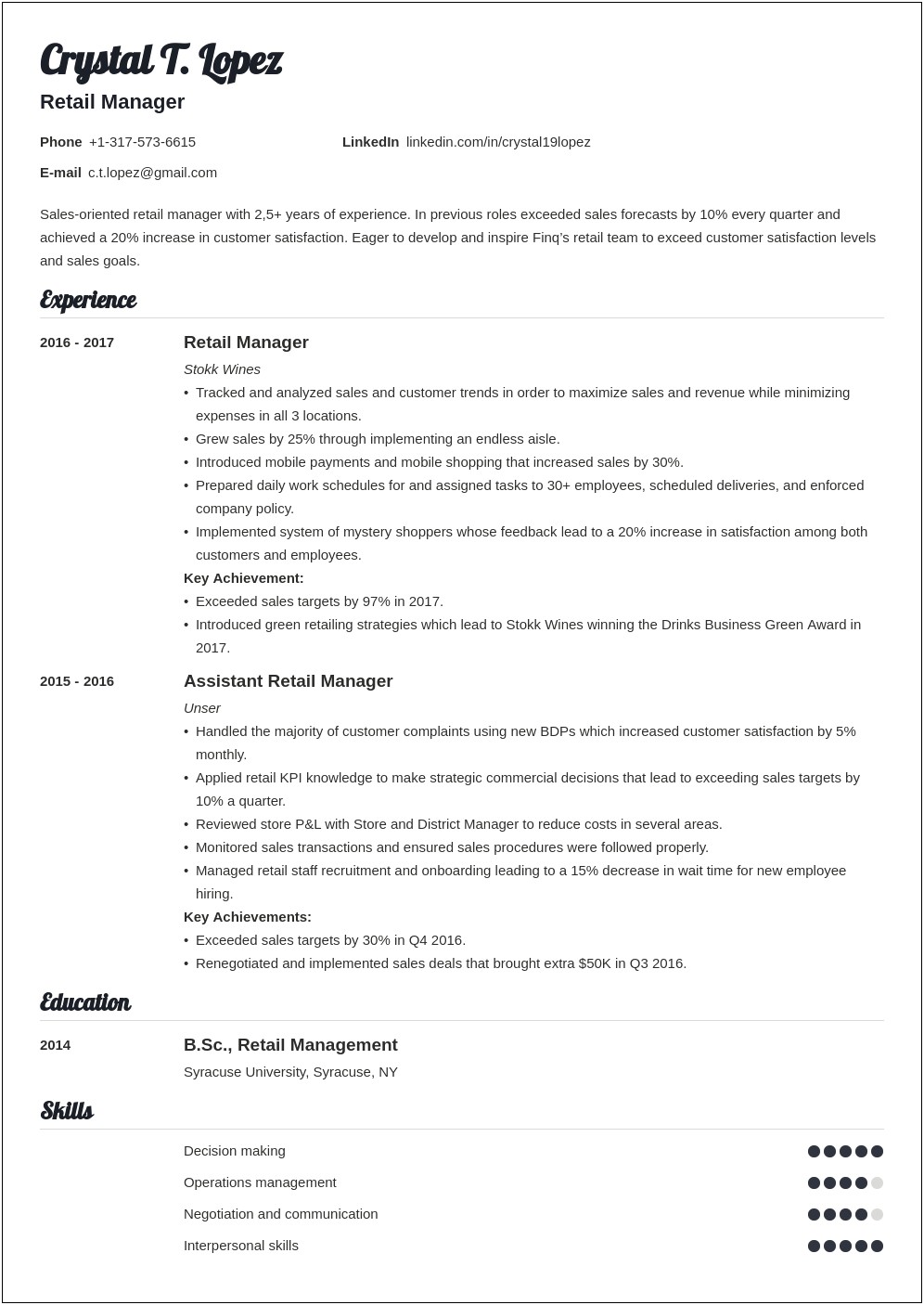 Professional Store Manager Resume Examples