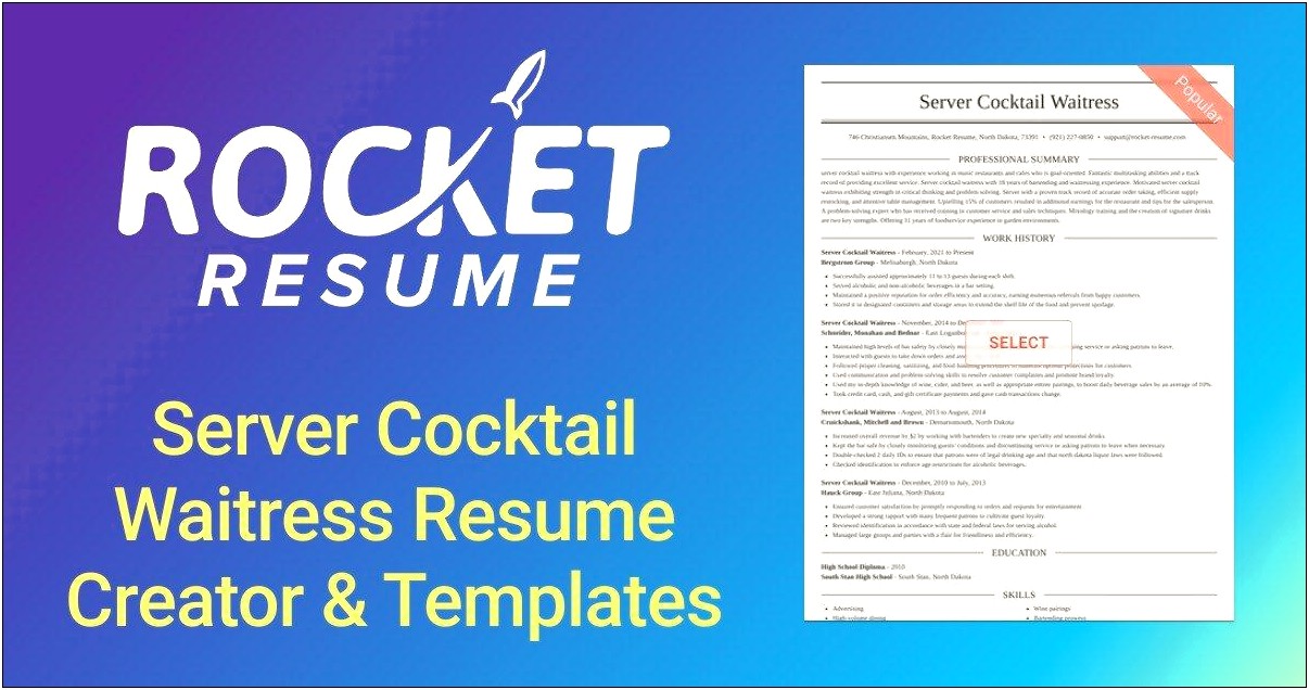 Professional Summary For Cocktail Server Resume