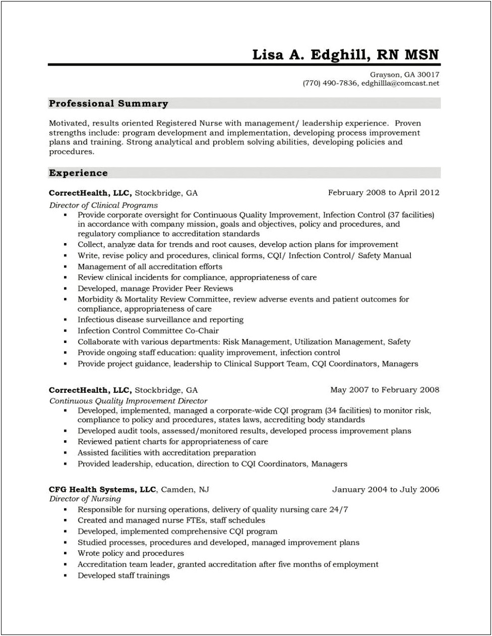 Professional Summary For Director Of Nursing Resume