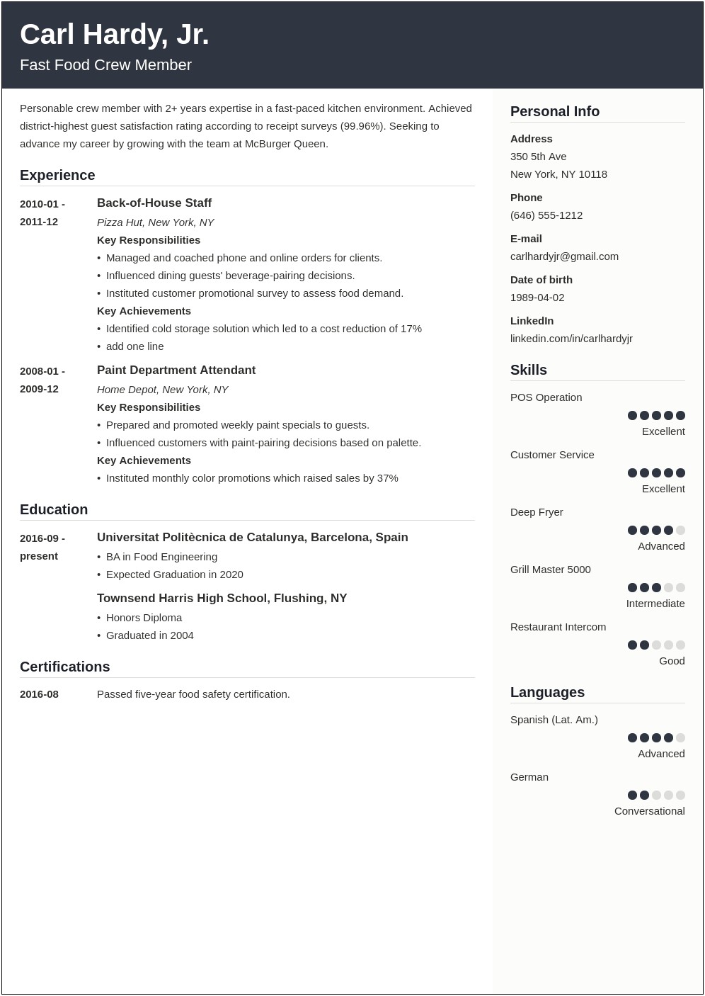 Professional Summary For Fast Food Resume