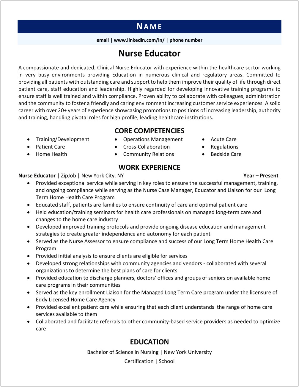 Professional Summary For Nurse Educator Resume