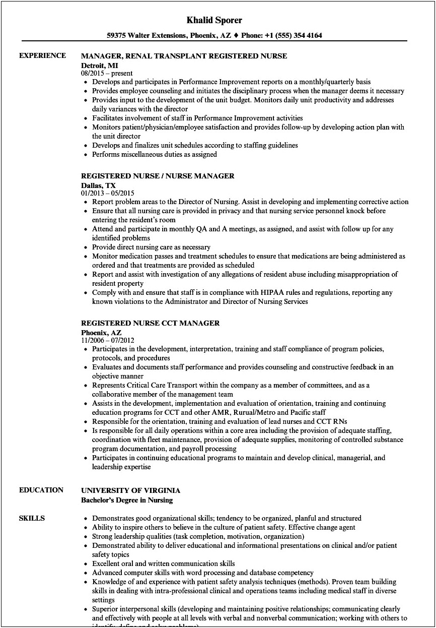 Professional Summary For Nurse Manager Resume