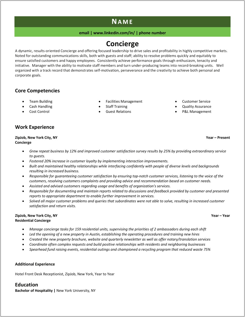 Professional Summary For Resume For Concierge