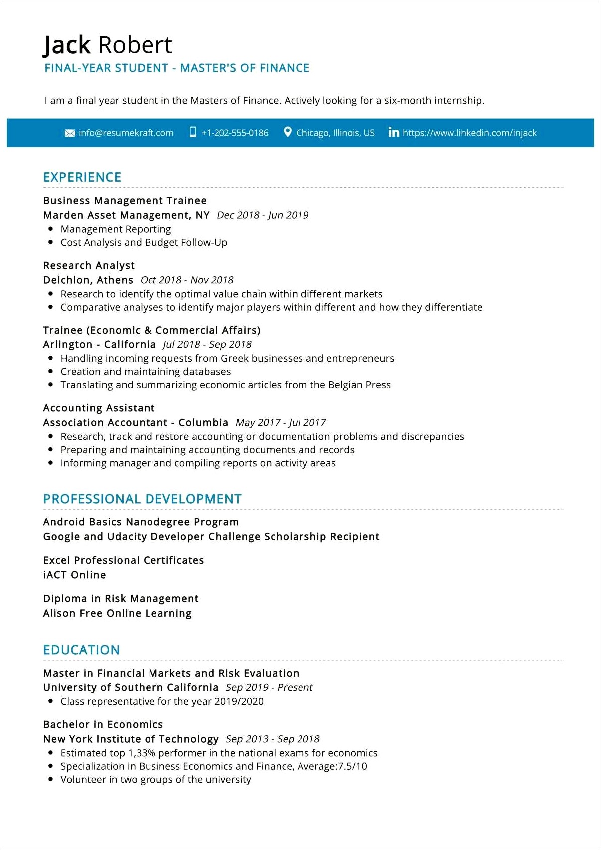Professional Summary On Resume For Finance Student