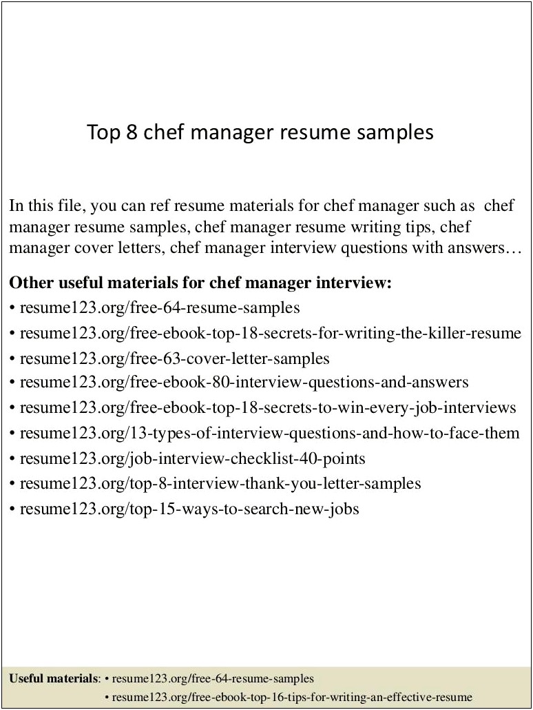 Professional Summary Resume Chef Or Manager