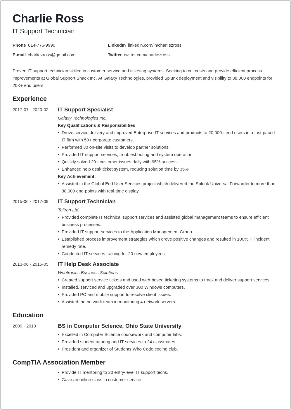 Professional Summary Resume Examples Technician Entry Level