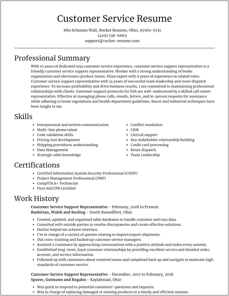 Professional Summary Resume For Customer Service
