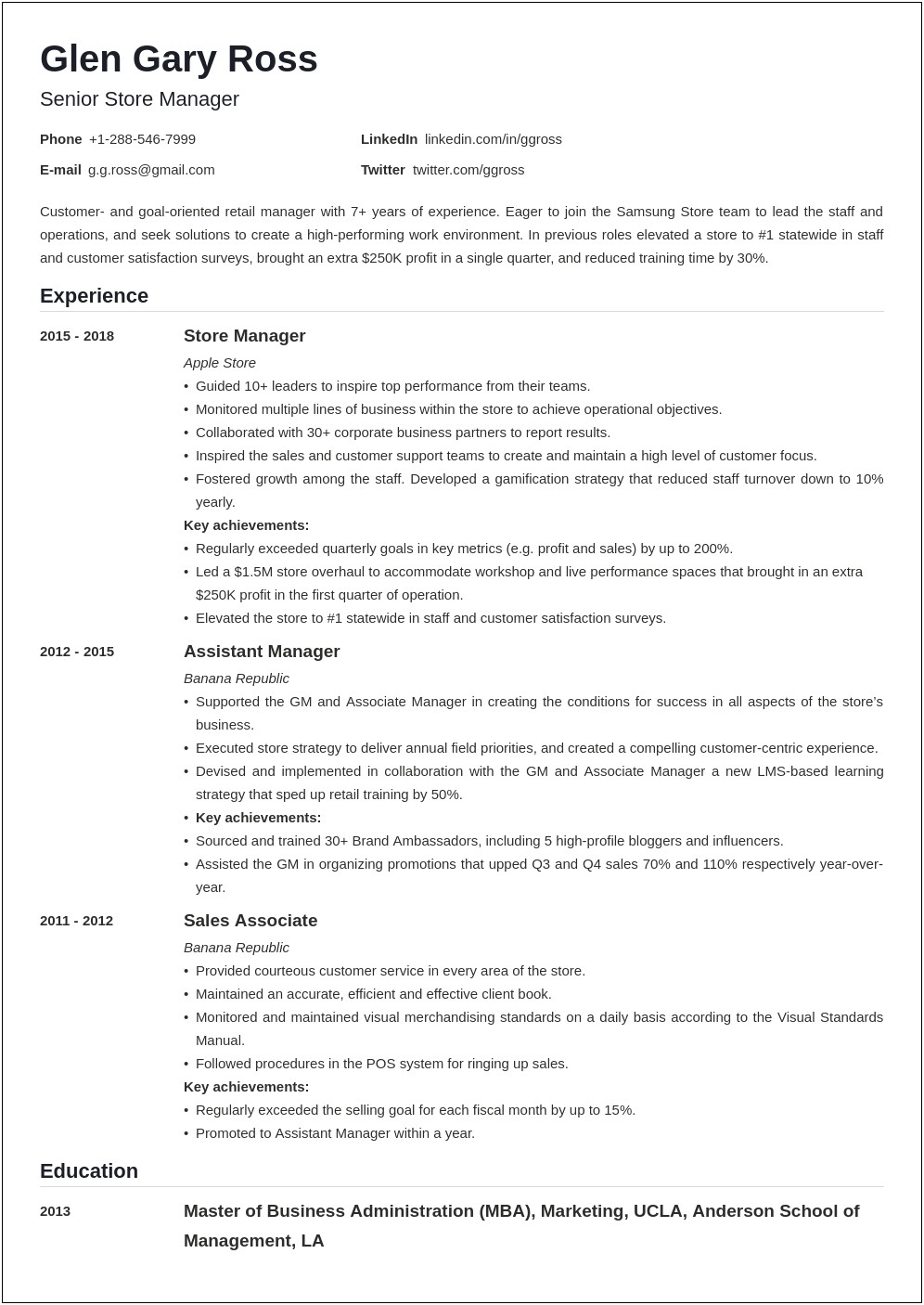 Professional Summary Resume Sample For Retail
