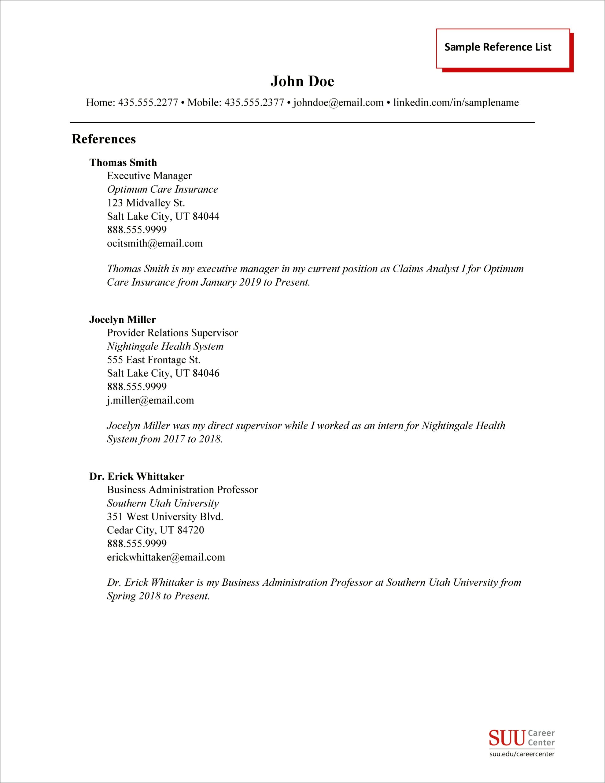 Professors As References On Resume Example