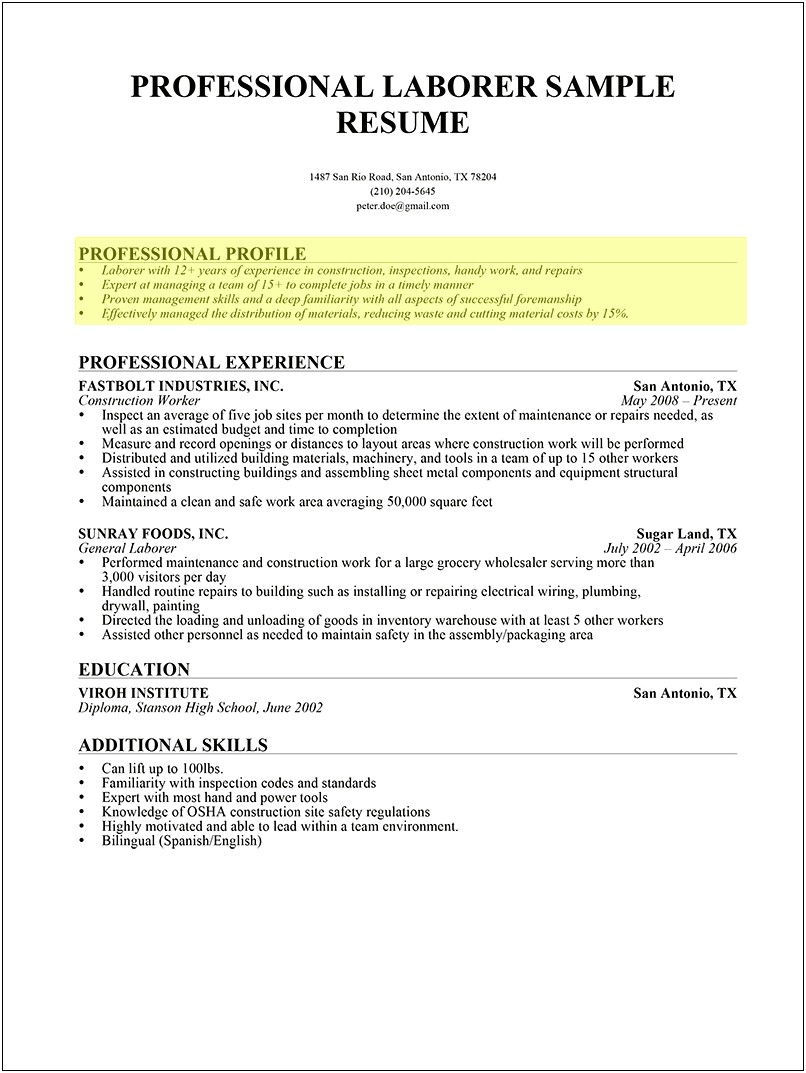Profile Description Sample For Resume