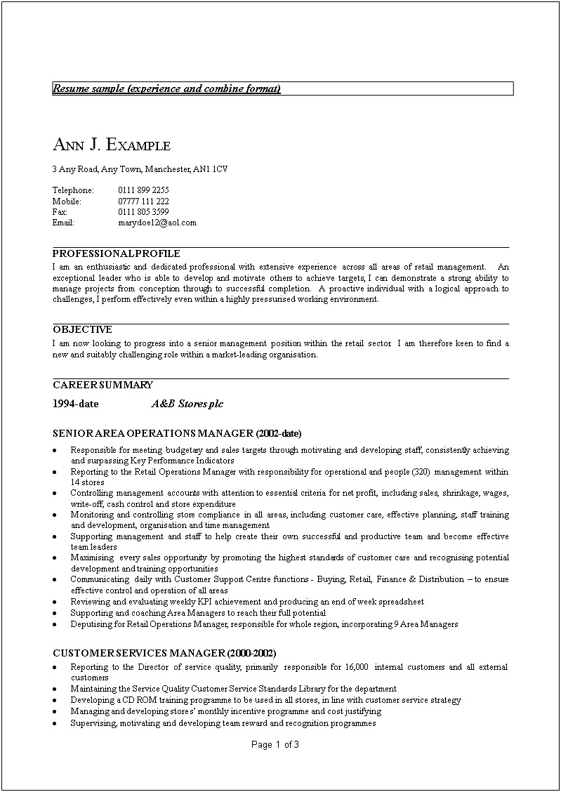 Profile Example Resume Customer Service