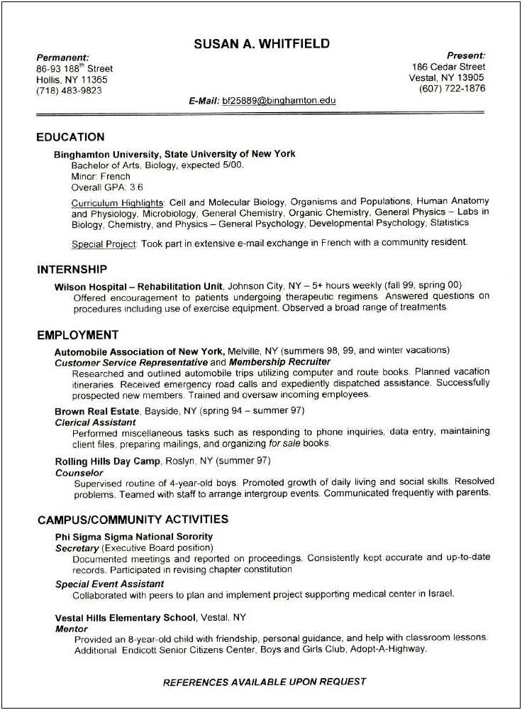Profile Examples For College Student Resume