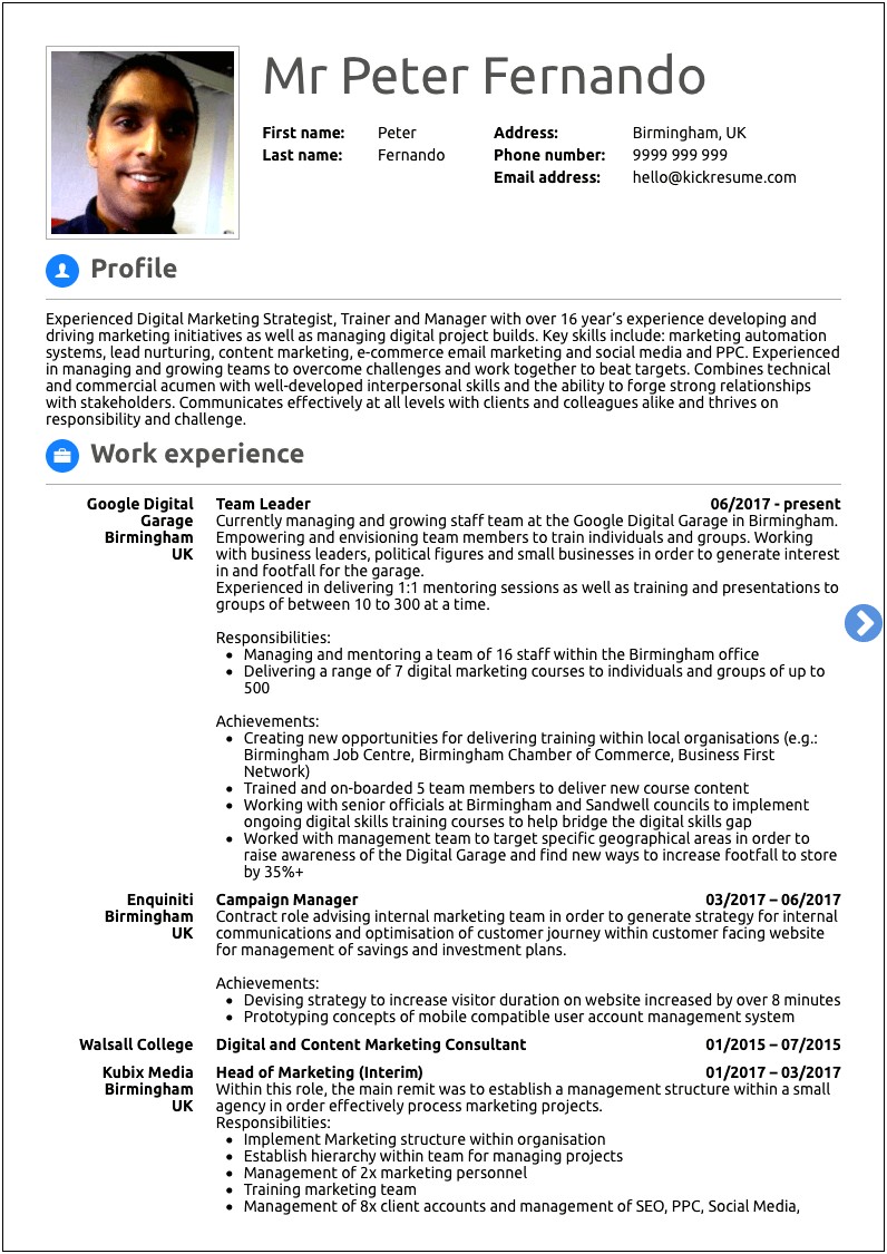 Profile Examples In Resume For Creative Marketing Students