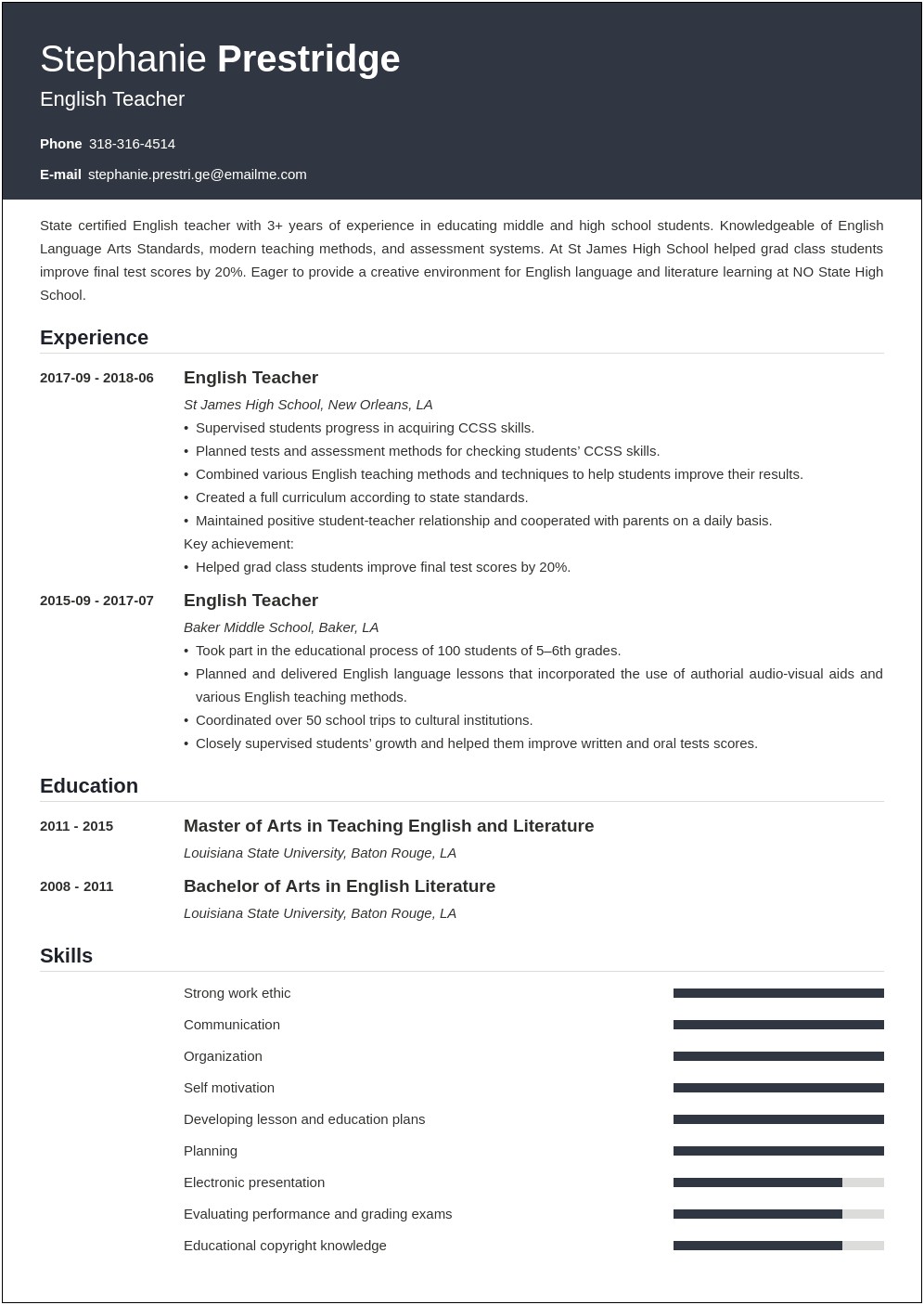 Profile Resume Examples For Teachers