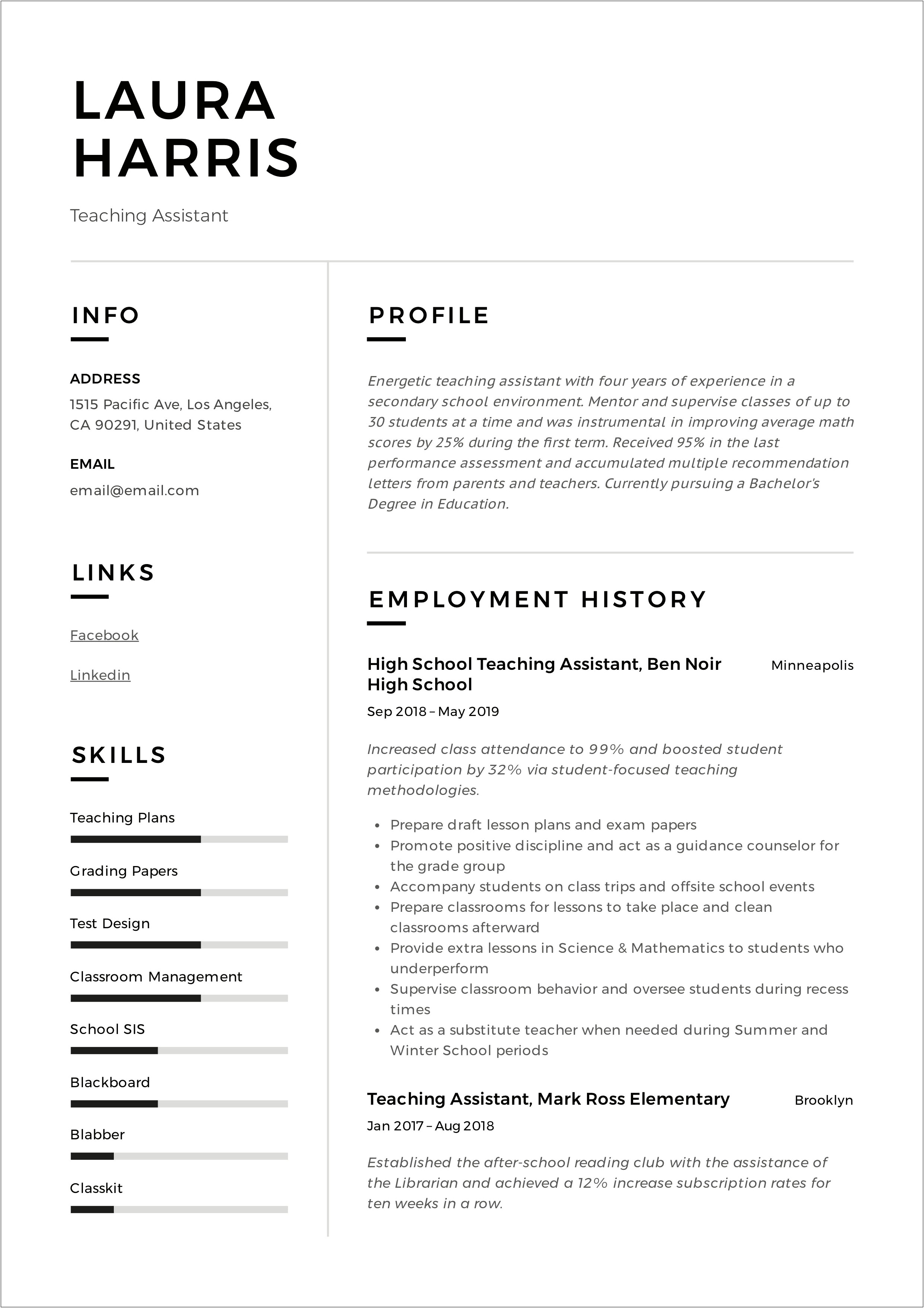 Profile Resume Examples For Teaching