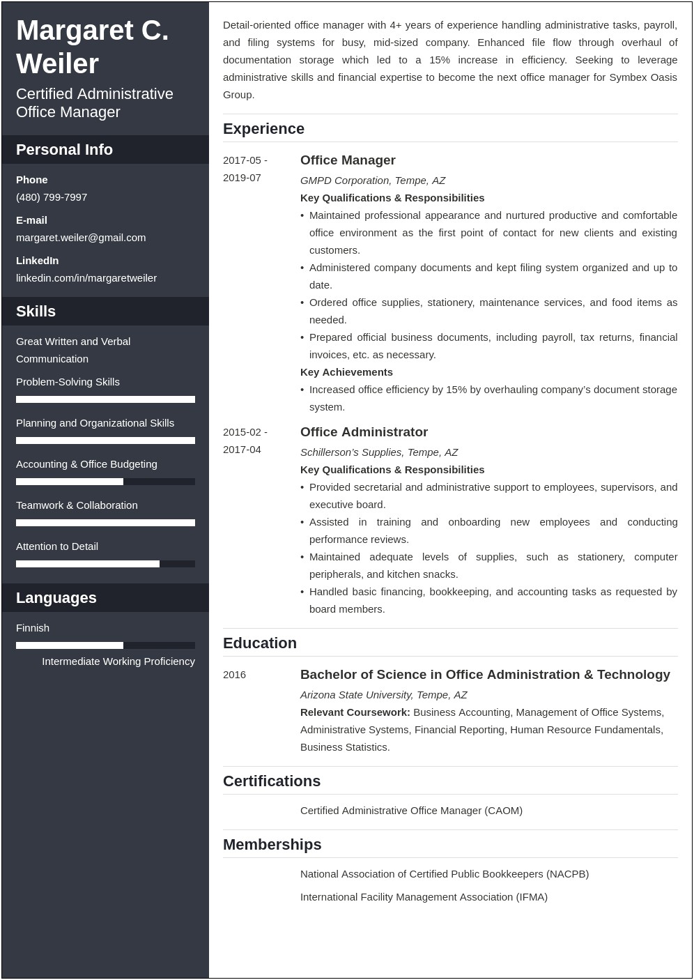 Profile Section Of Resume For Office Manager