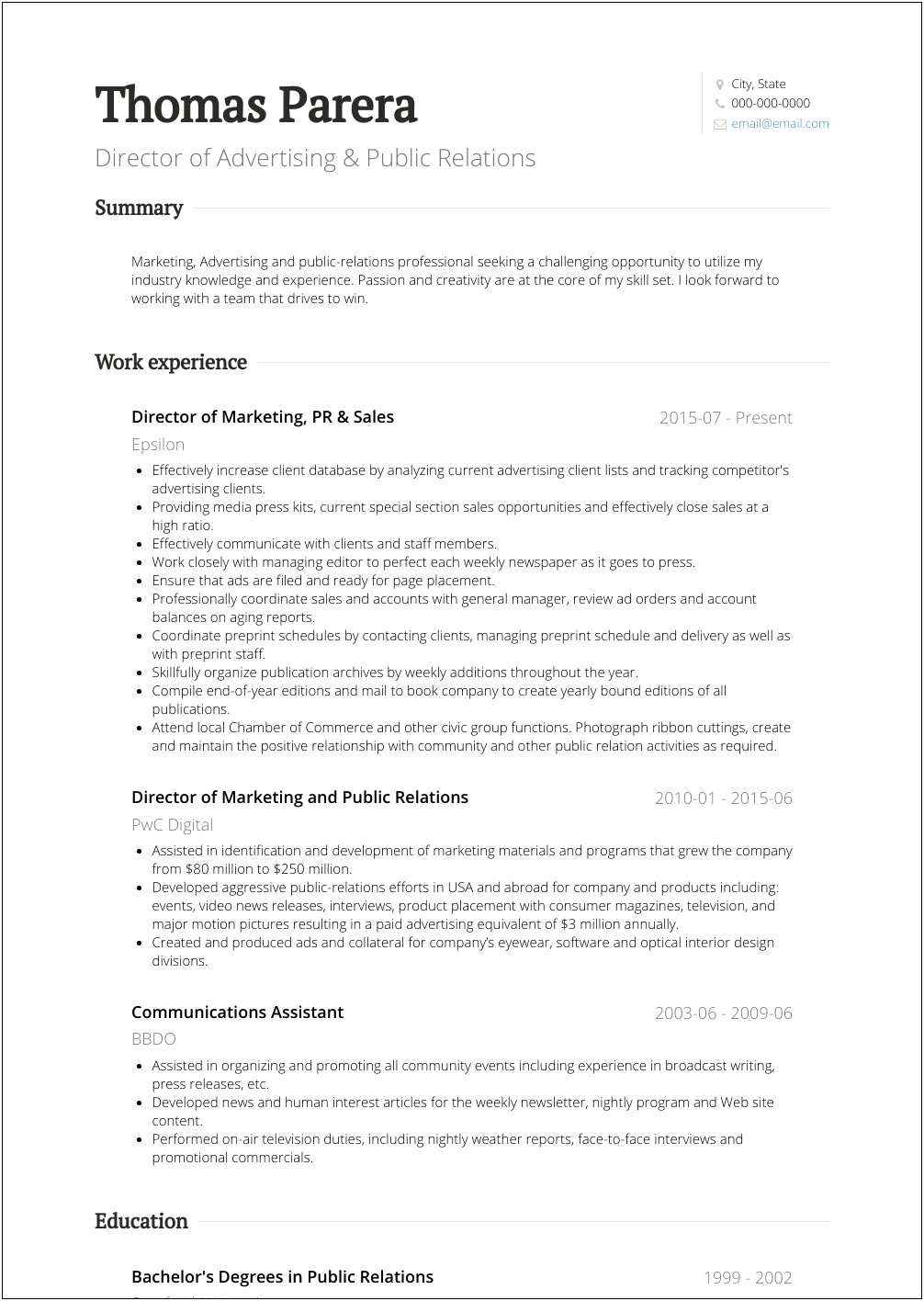 Profile Summary For Public Relations Resume