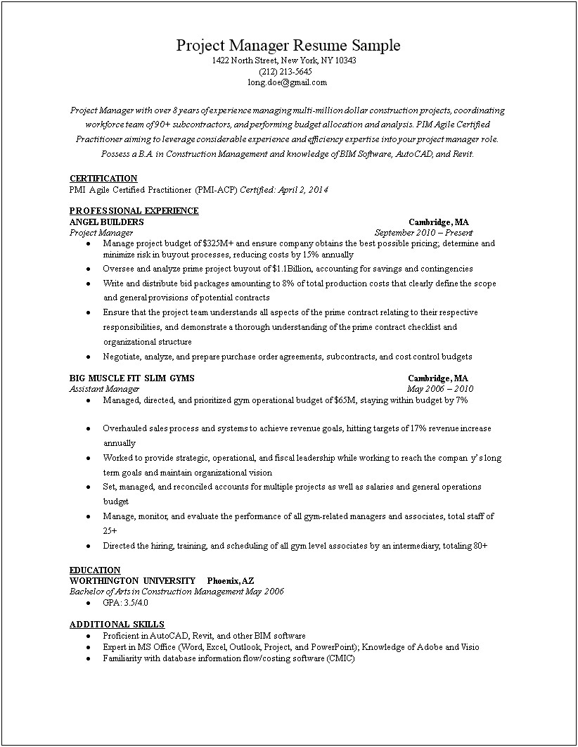 Program Manager Job Description Resume