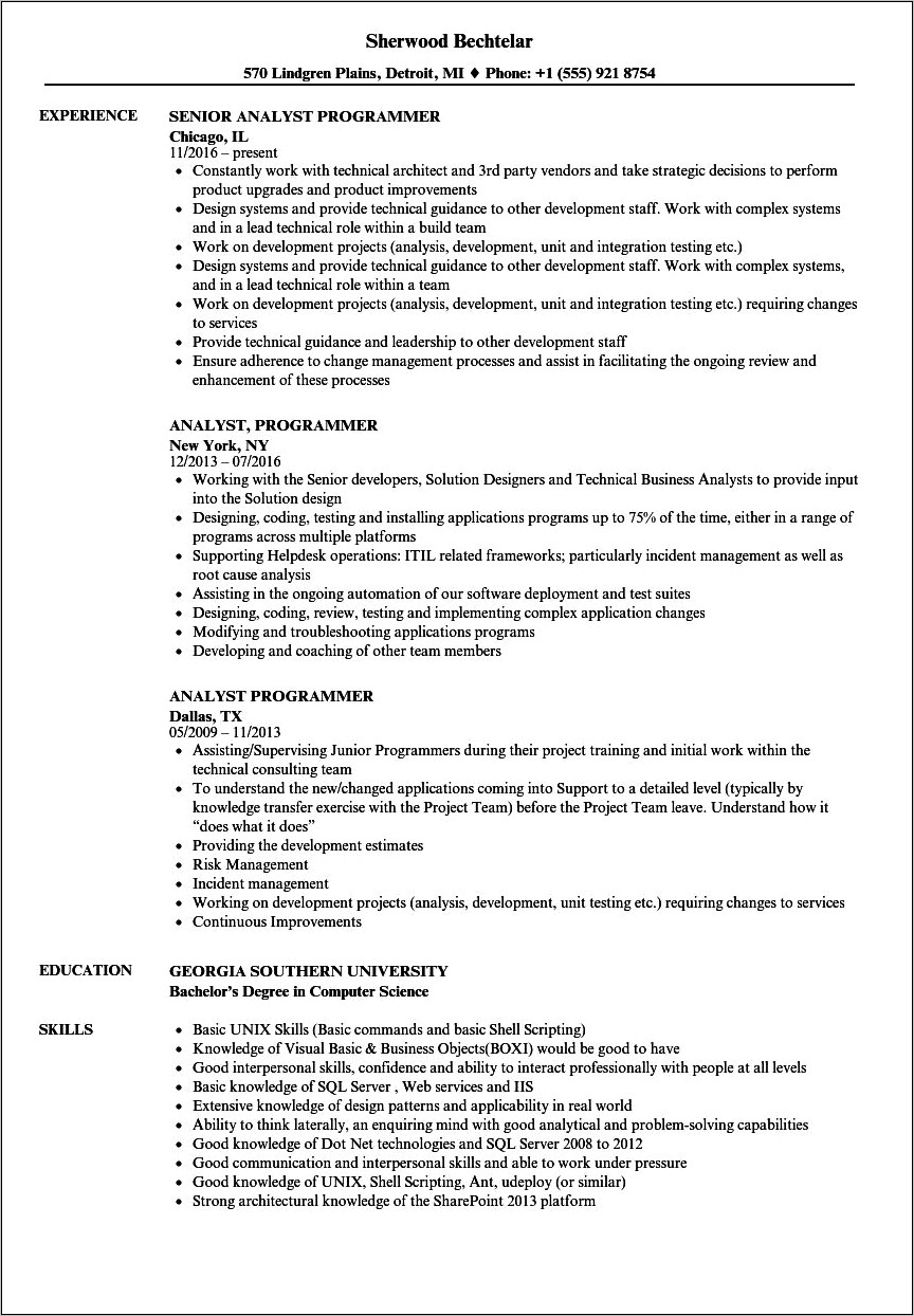 Programmer Analyst Job Description Resume