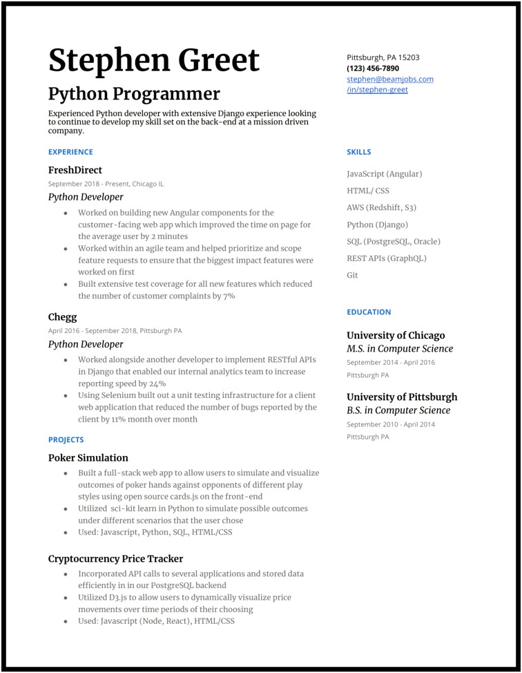 Programmer Sample Resume For Freshers In Usa