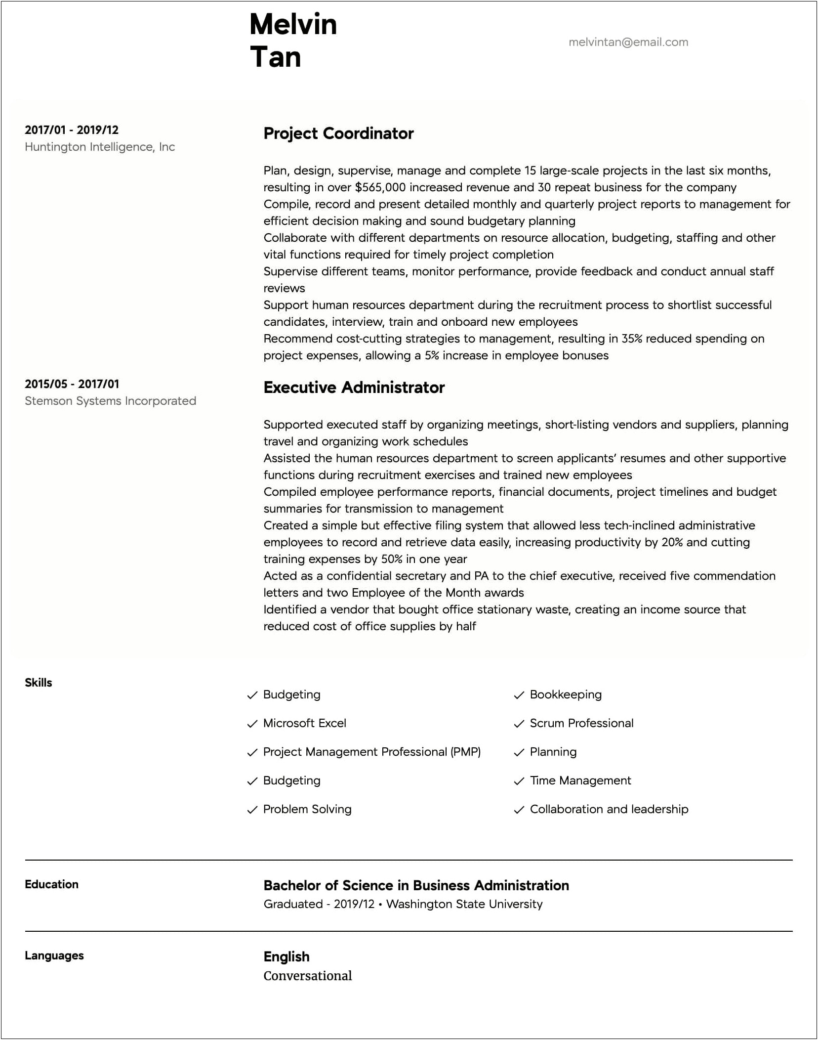 Project Control Officer Sample Resume