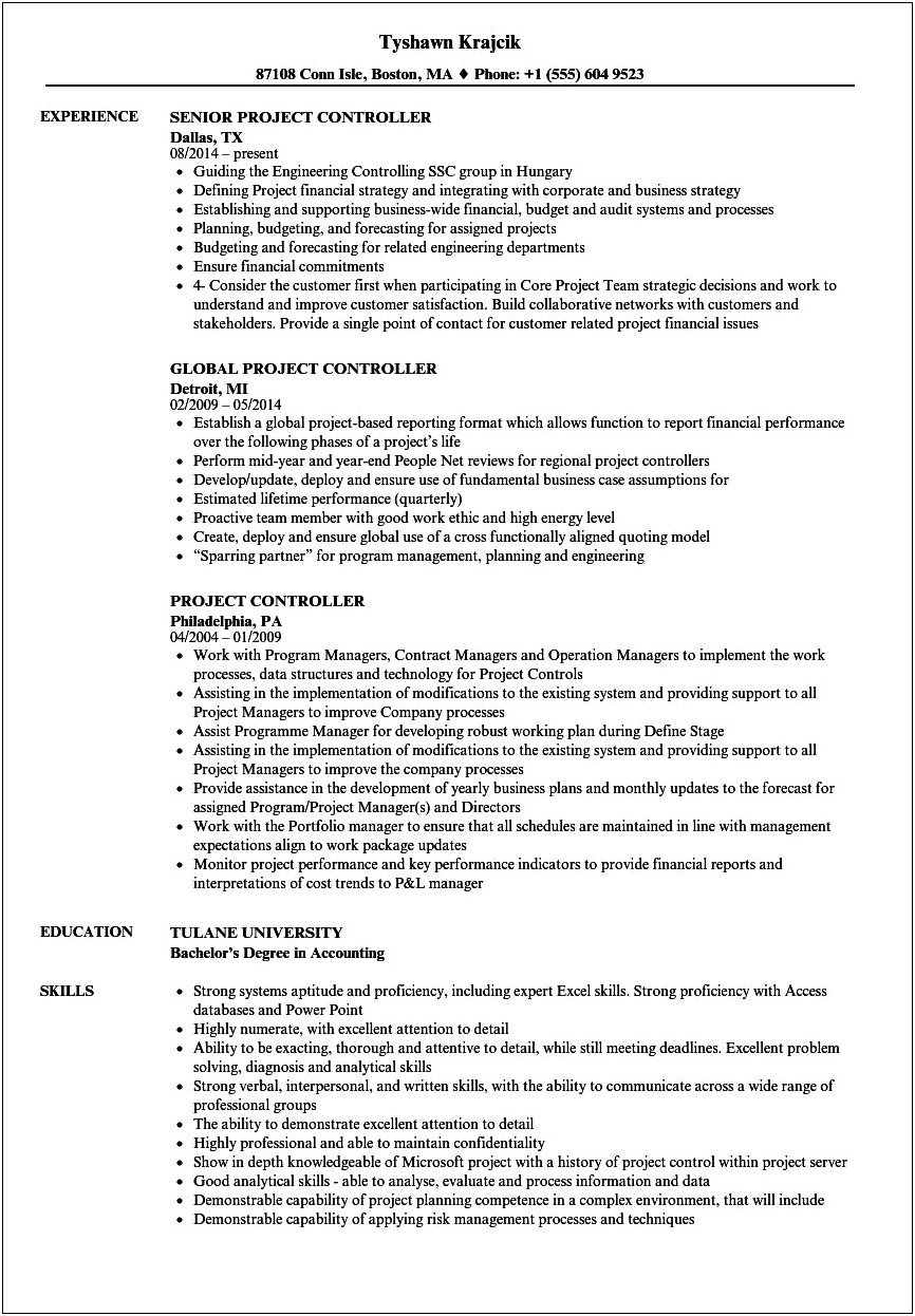 Project Control Specialist Resume Sample