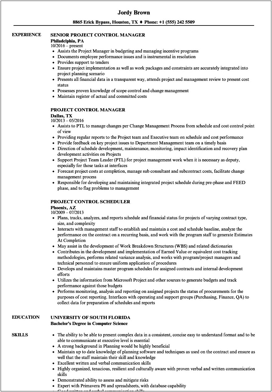 Project Controls Specialist Sample Resume