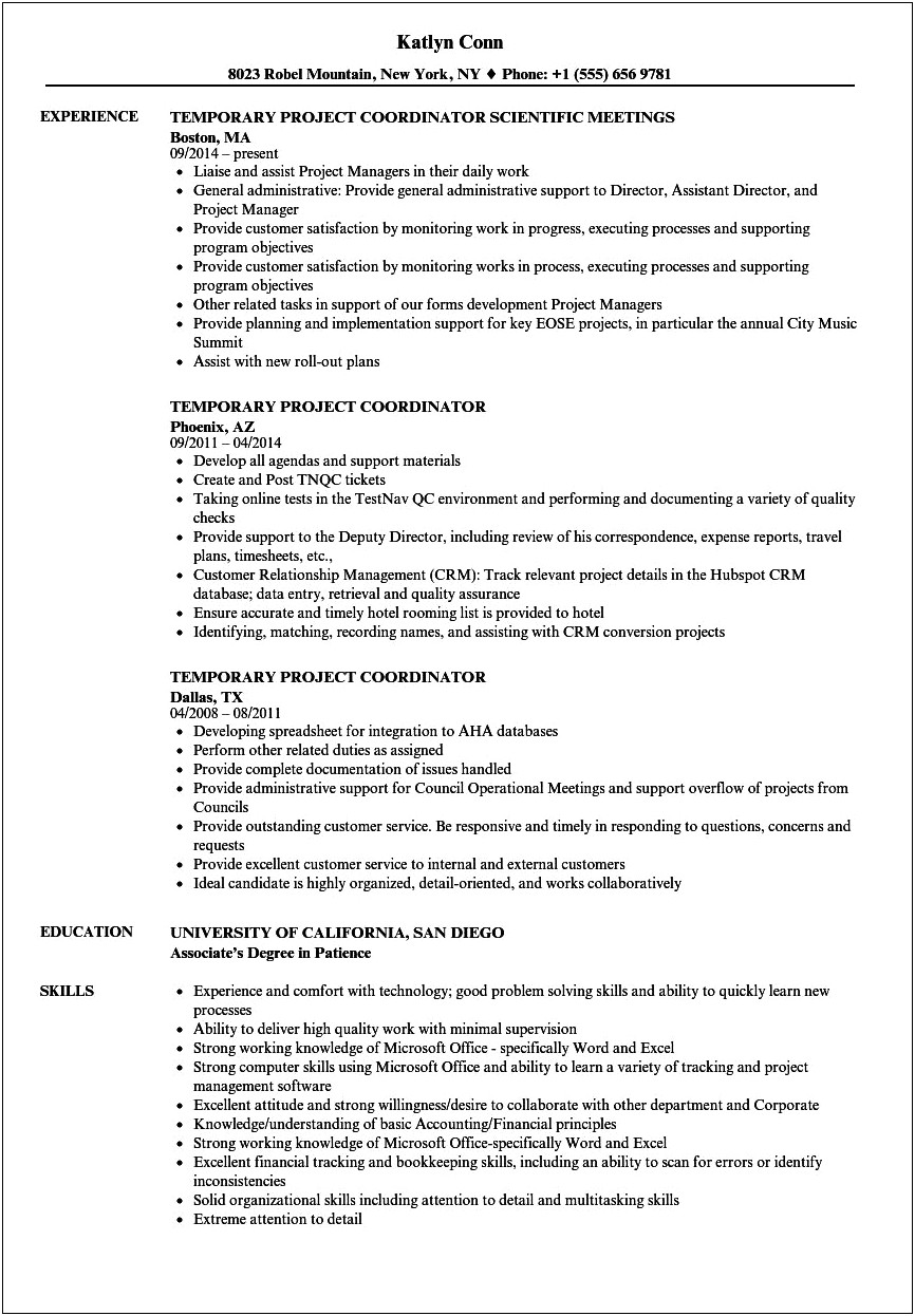 Project Coordinator Resume With No Experience