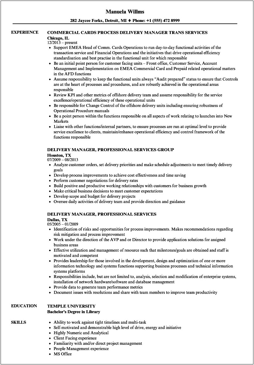 Project Delivery Manager Sample Resume