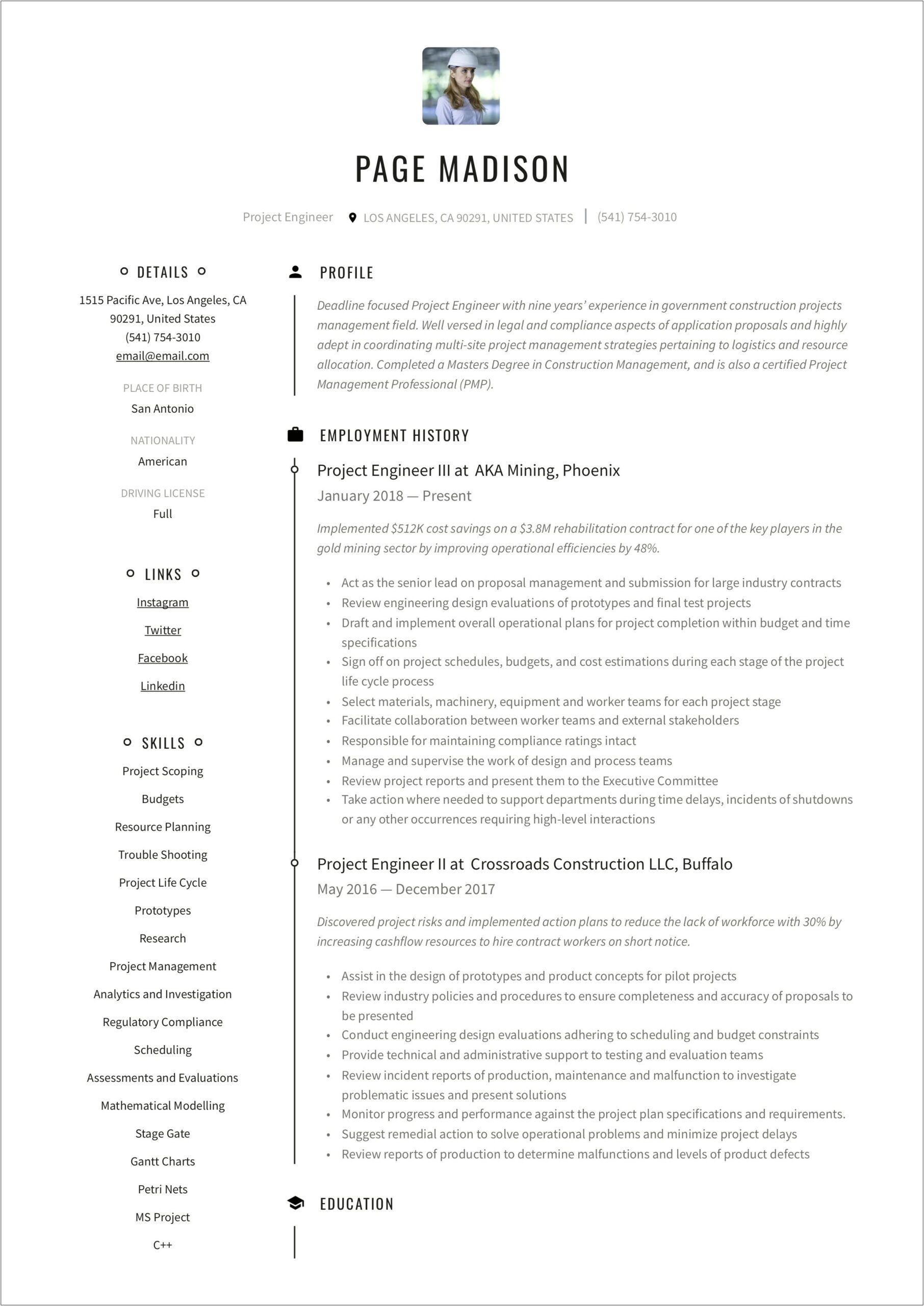Project Engineer Objective Resume Samples
