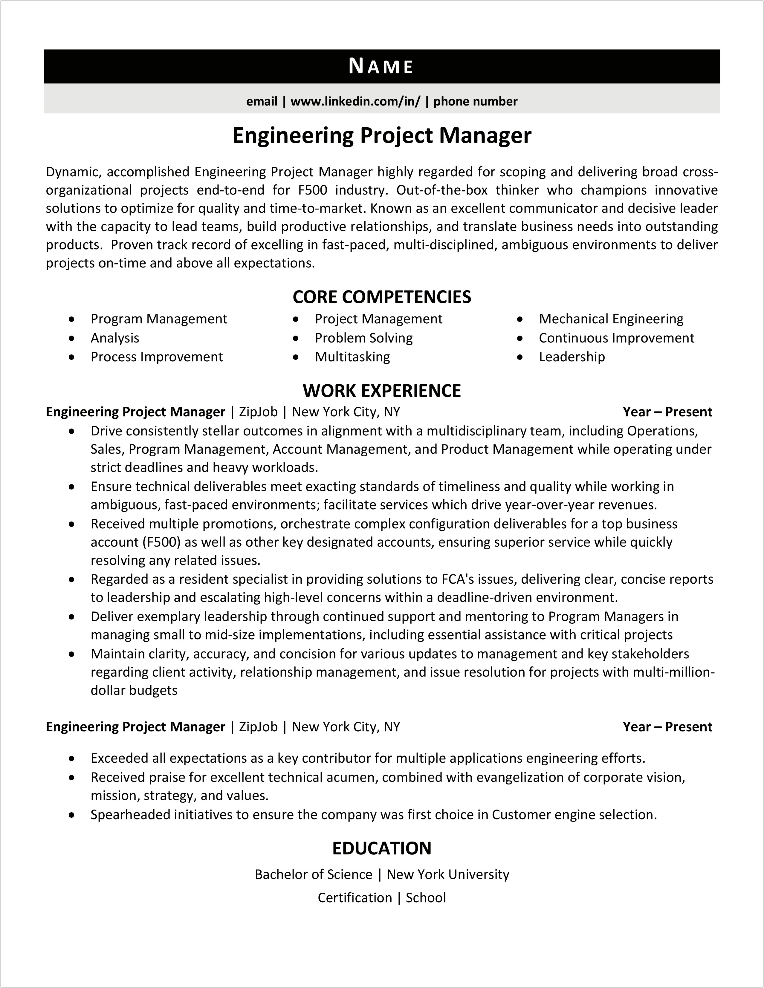 Project Engineer Project Manager Resume