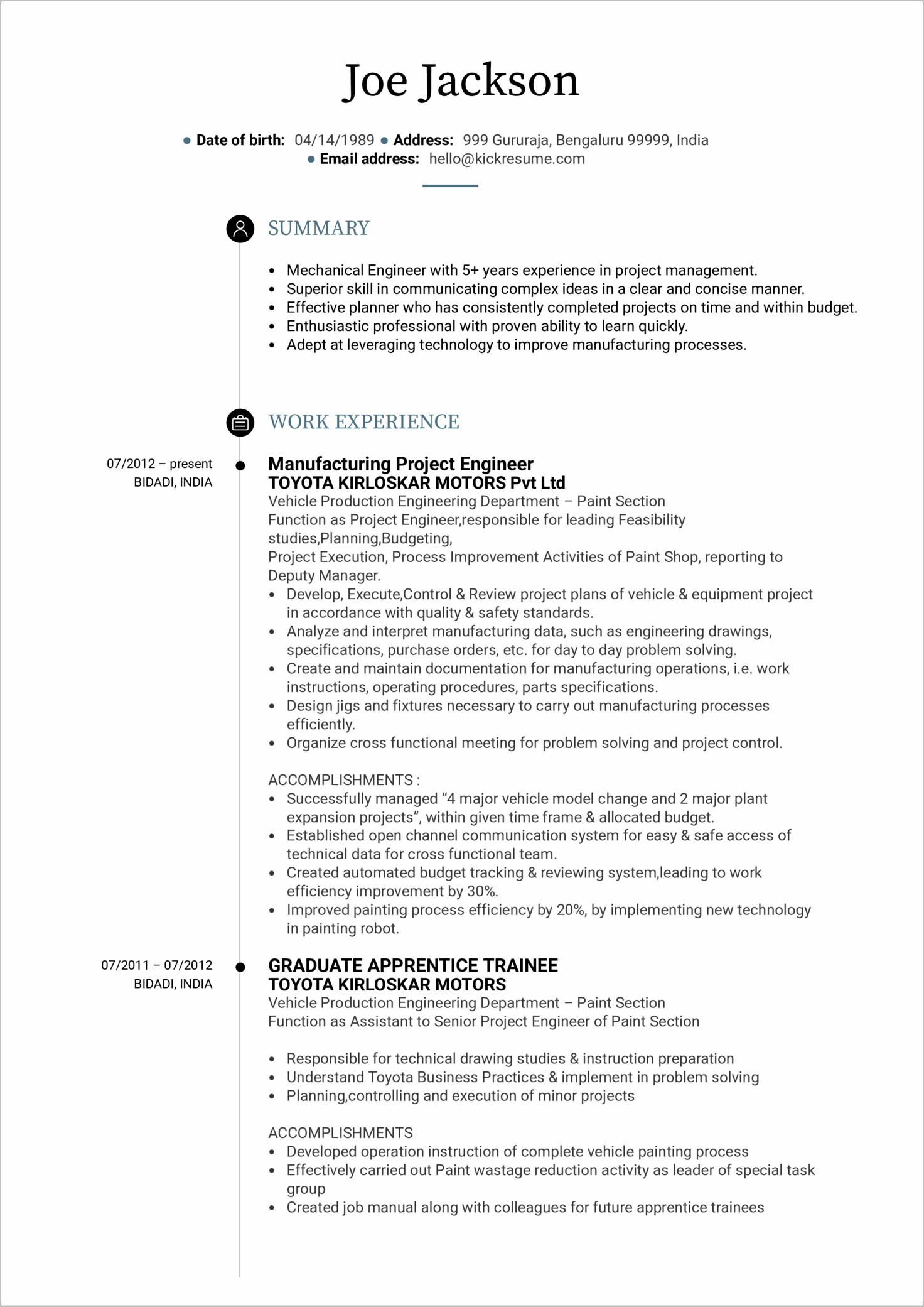 Project Engineer Resume Sample Objective