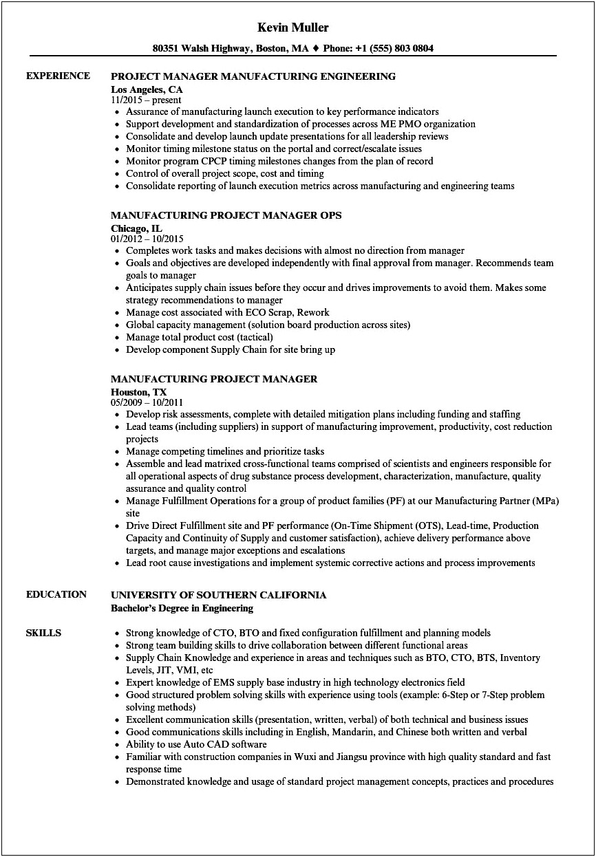Project Manage For Good Manufacturing Paractices Resume