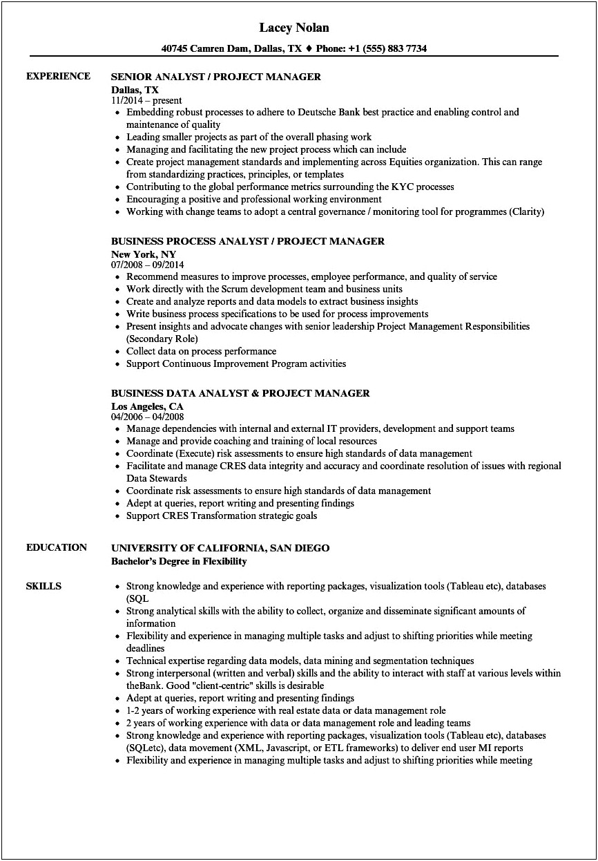 Project Management Business Analyst Resume