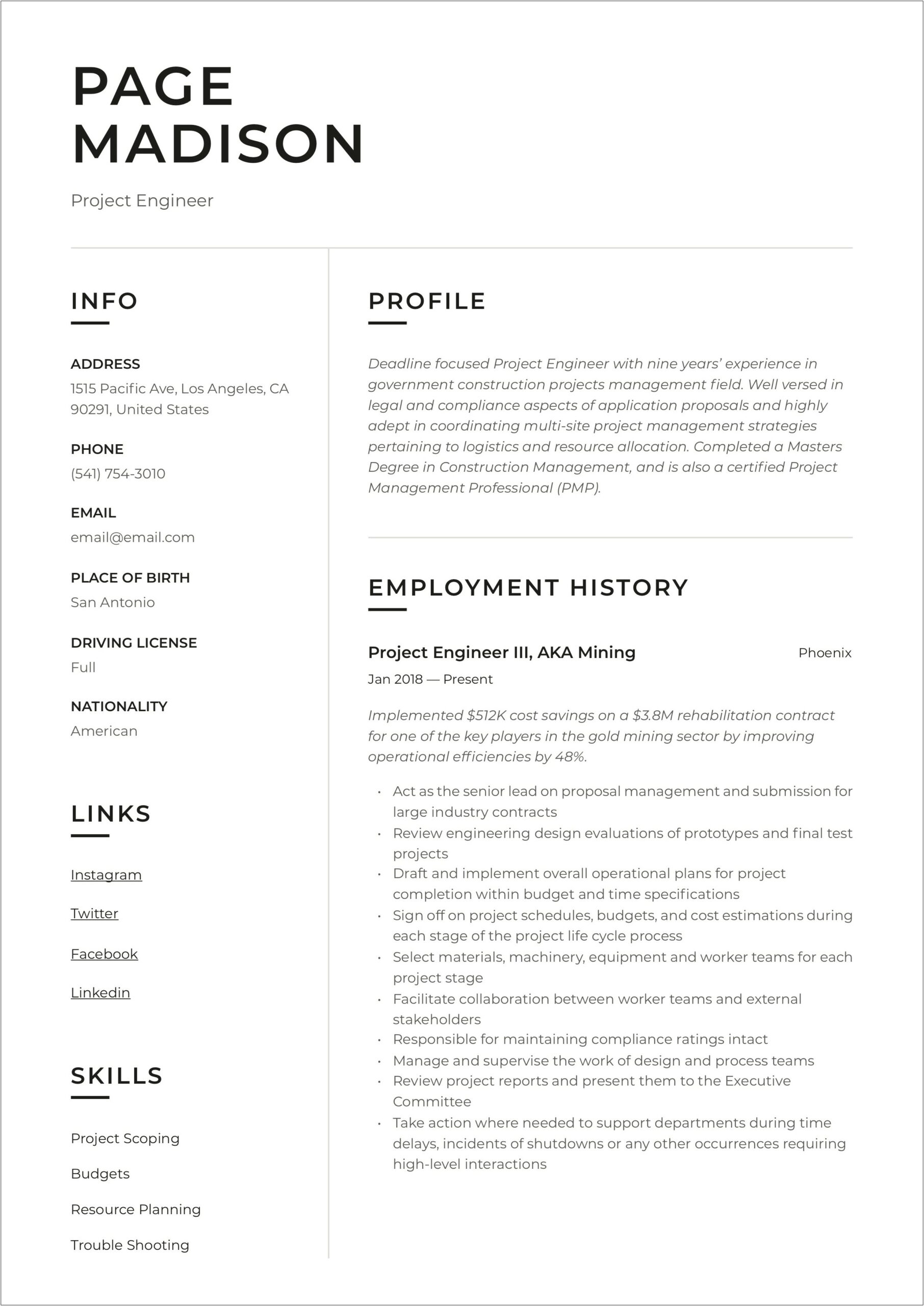 Project Management Field Engineer Resume