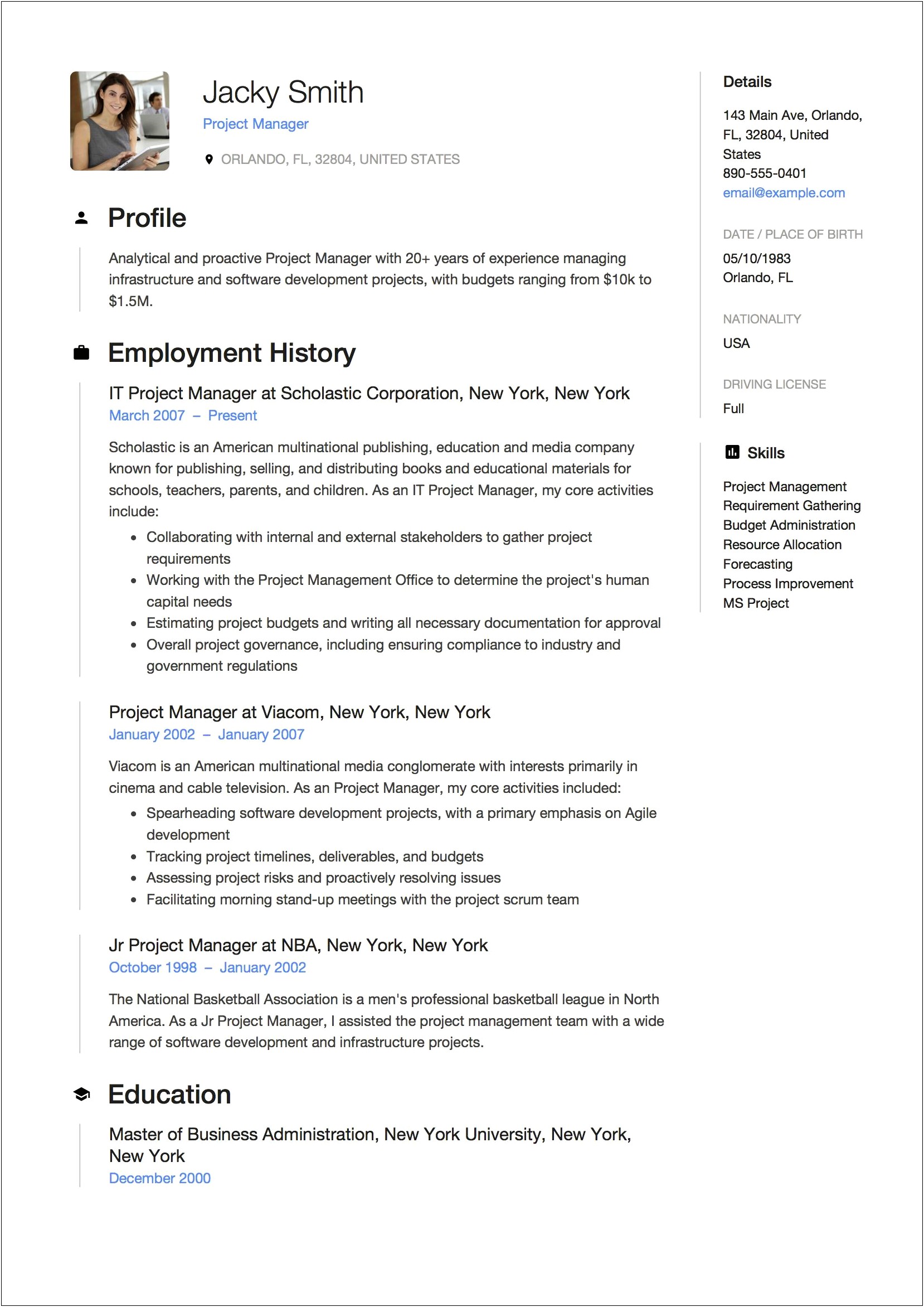 Project Management Resume For Ey Format