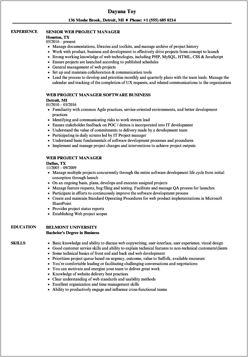 Project Manager Application Development Resume